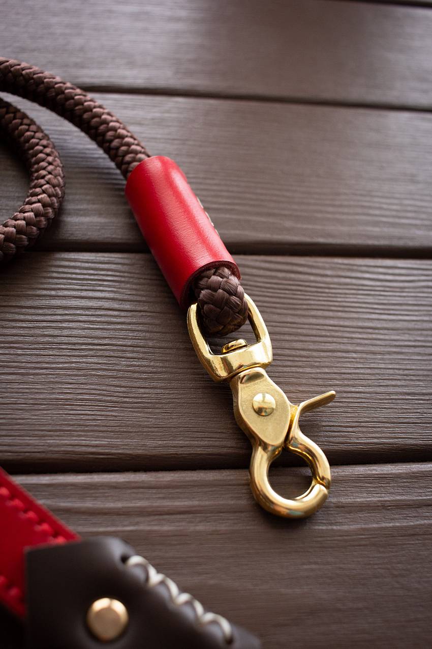 Купить красный поводок с плоской ручкой и кофейным кордом для собаки в интернет-магазине «Arctic Lion»
